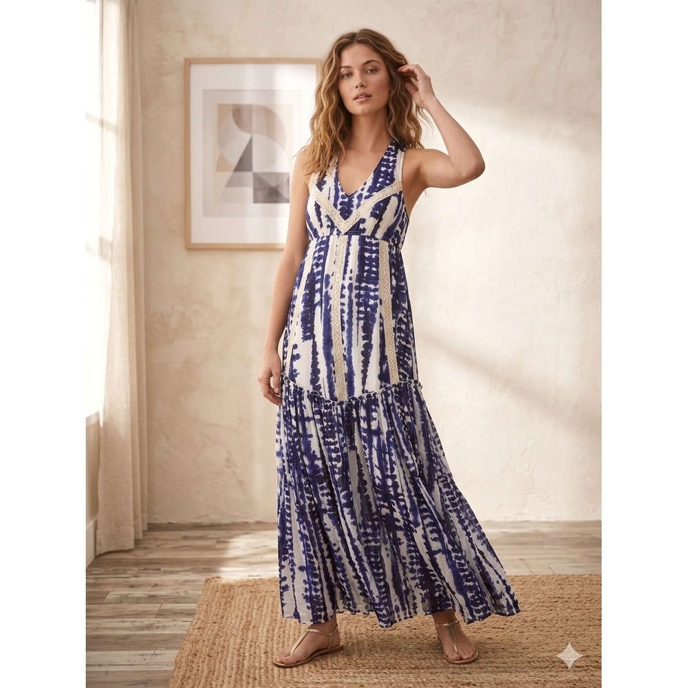Charlotte Tarantola Blue‎ Tie Dye Lace Trim Cotton Maxi Dress Small Boho Tiered